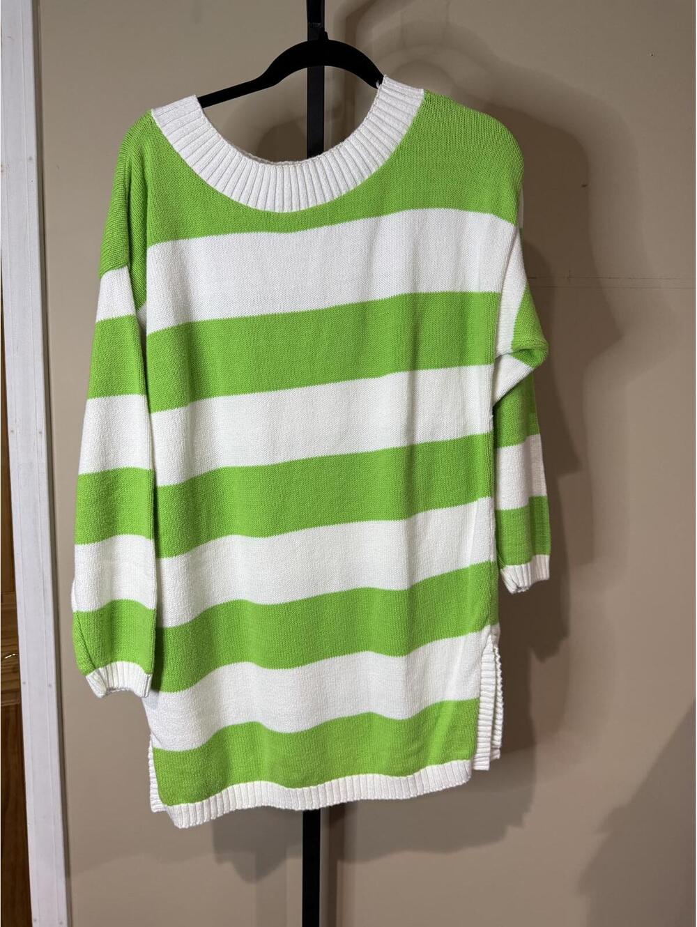 Vintage Mervyn's Green and White Striped Women's Sweater